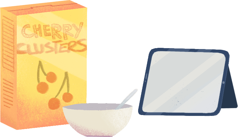 box of cereal, bowl, tablet